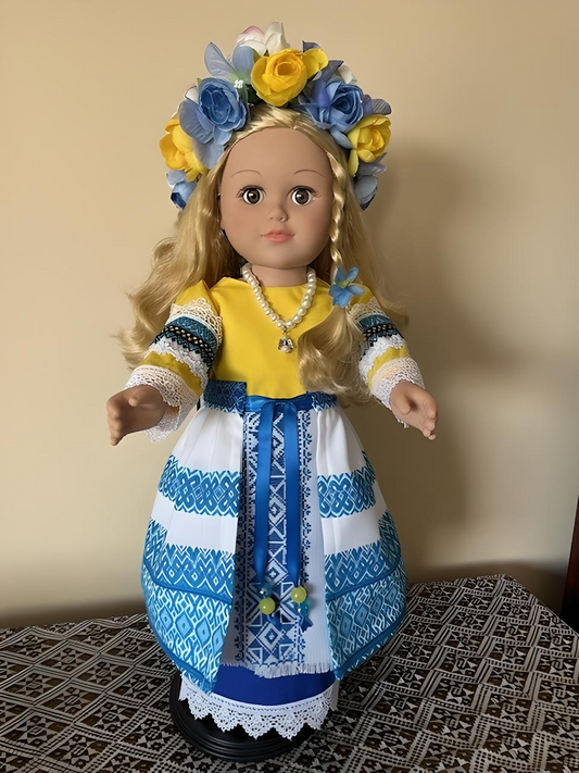 Bright Yellow and Blue Ukrainian Costume Doll in Hand-Made Cross-Stitch Outfit "Sophiya"