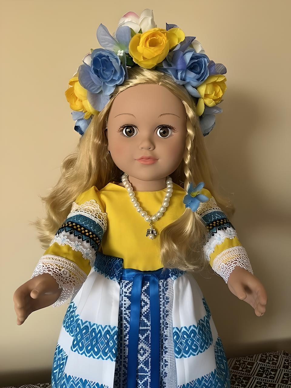Bright Yellow and Blue Ukrainian Costume Doll in Hand-Made Cross-Stitch Outfit "Sophiya"