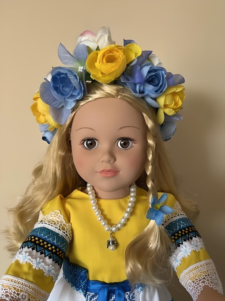 Bright Yellow and Blue Ukrainian Costume Doll in Hand-Made Cross-Stitch Outfit "Sophiya"
