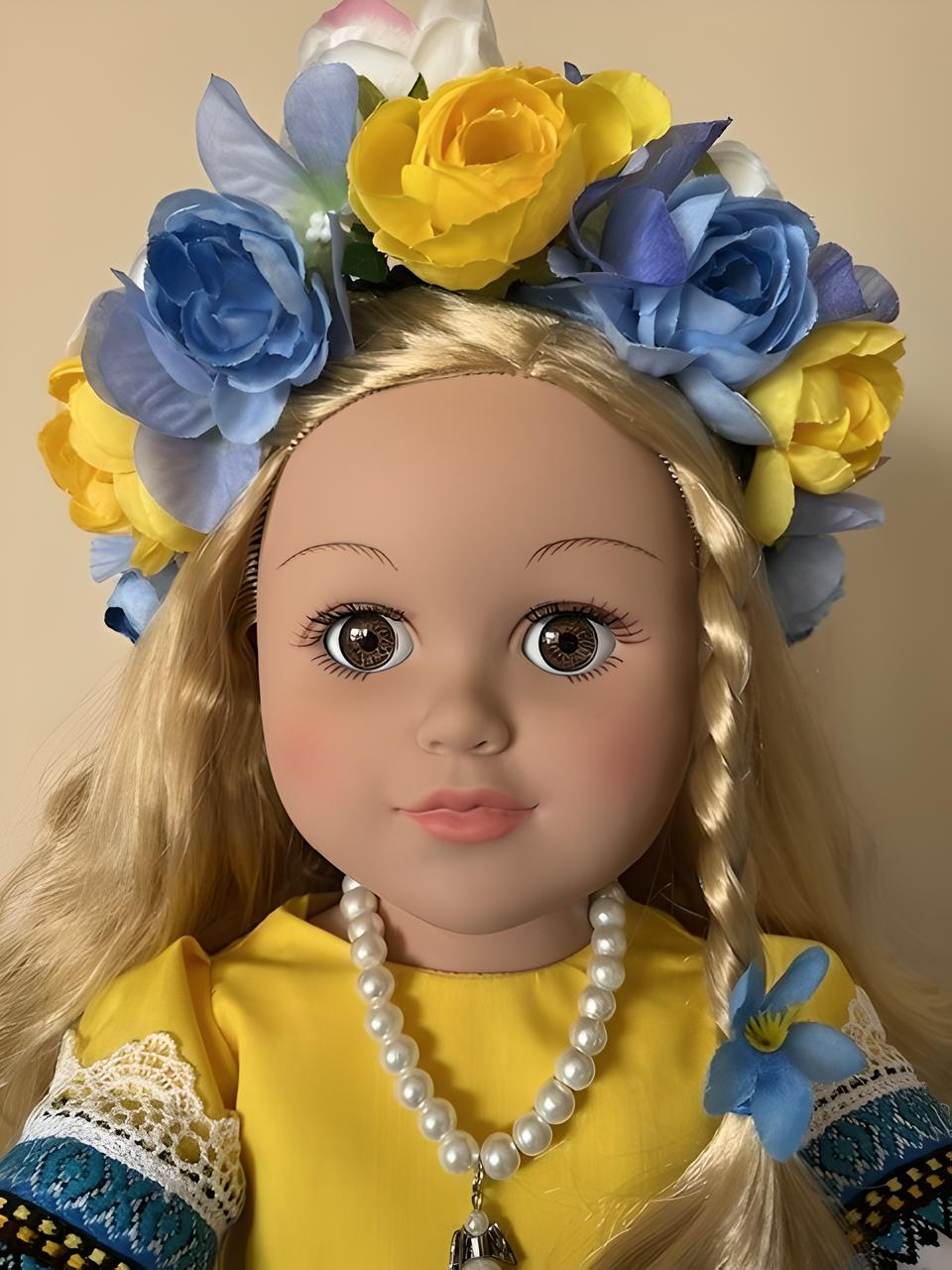 Bright Yellow and Blue Ukrainian Costume Doll in Hand-Made Cross-Stitch Outfit "Sophiya"