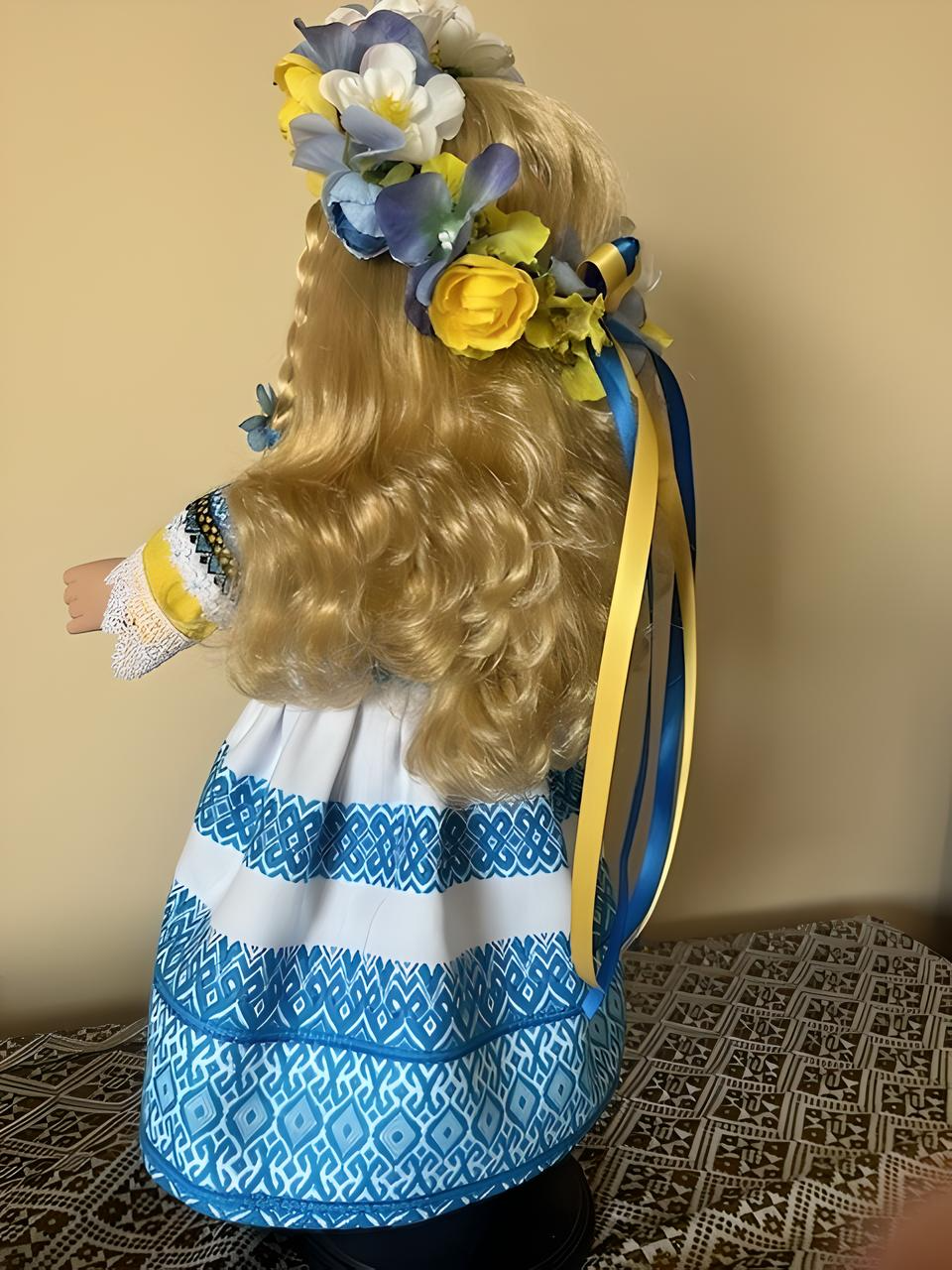 Bright Yellow and Blue Ukrainian Costume Doll in Hand-Made Cross-Stitch Outfit "Sophiya"