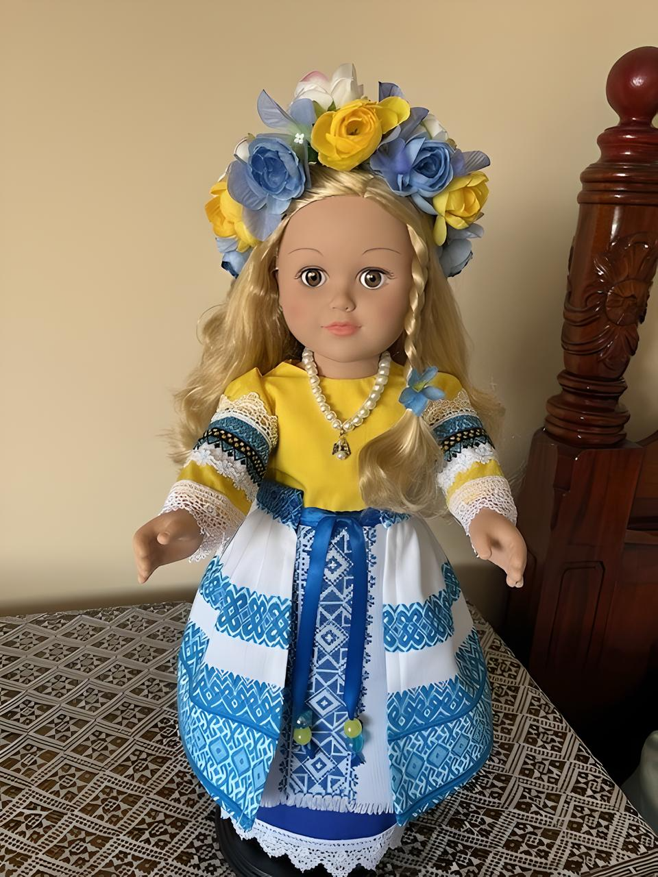 Bright Yellow and Blue Ukrainian Costume Doll in Hand-Made Cross-Stitch Outfit "Sophiya"