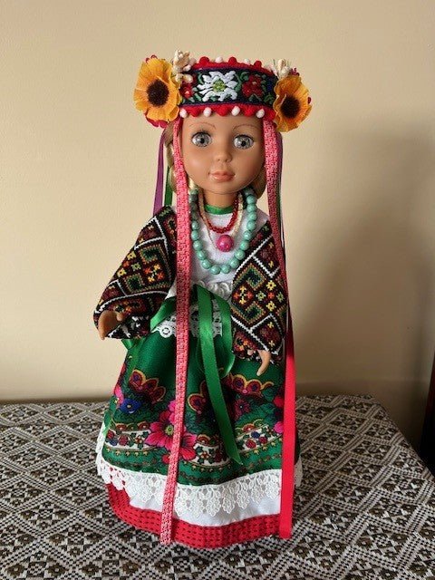 Traditional Ukrainian Doll "Vira" in Green Outfit, Handmade Headpiece, Embroidered Ukrainian Outfit, Unique Birthday Gift, Removable Clothes.