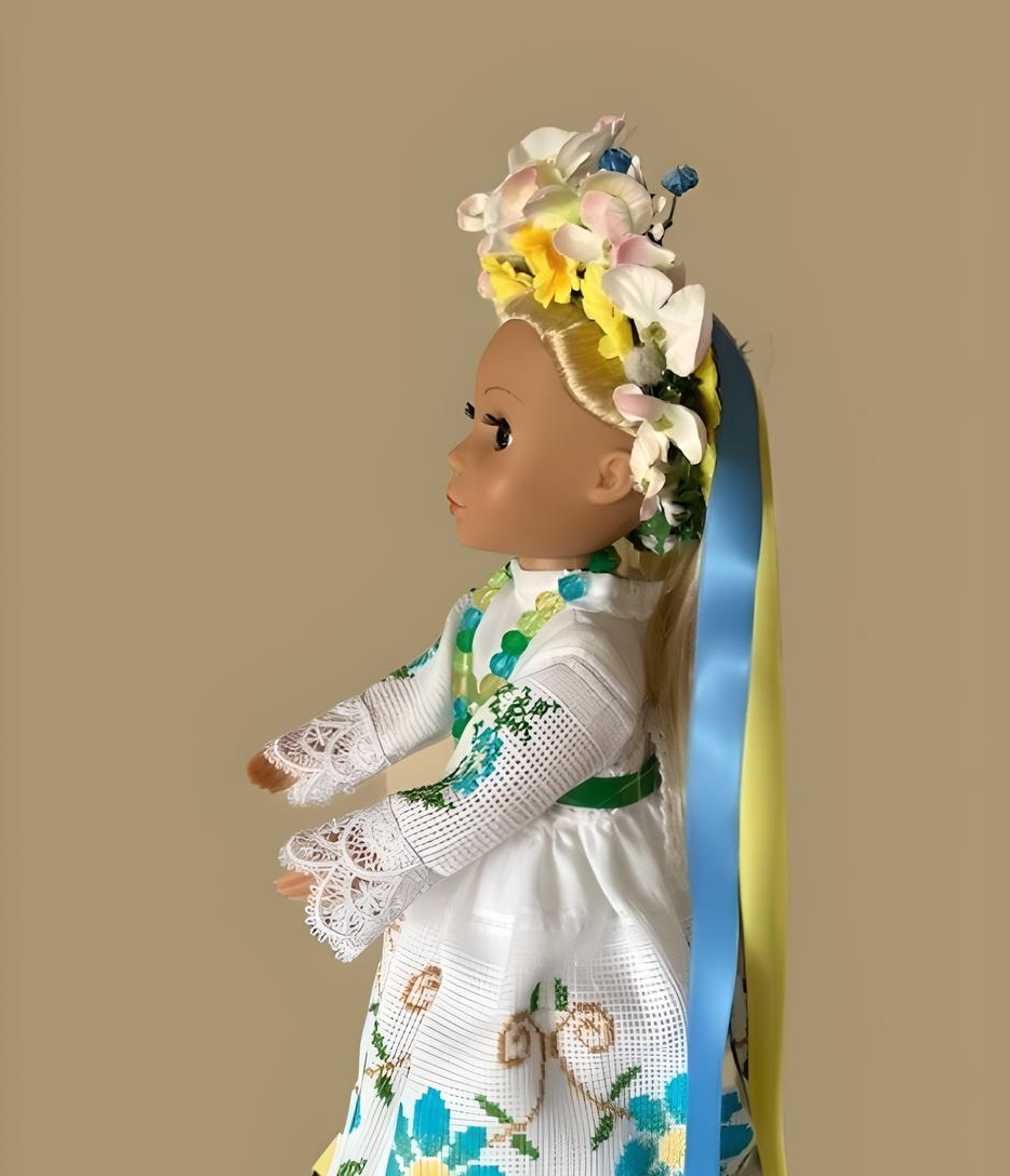 Art Doll 'VESNA' in Blue &Yellow Ukrainian Outfit with Satin Ribbon