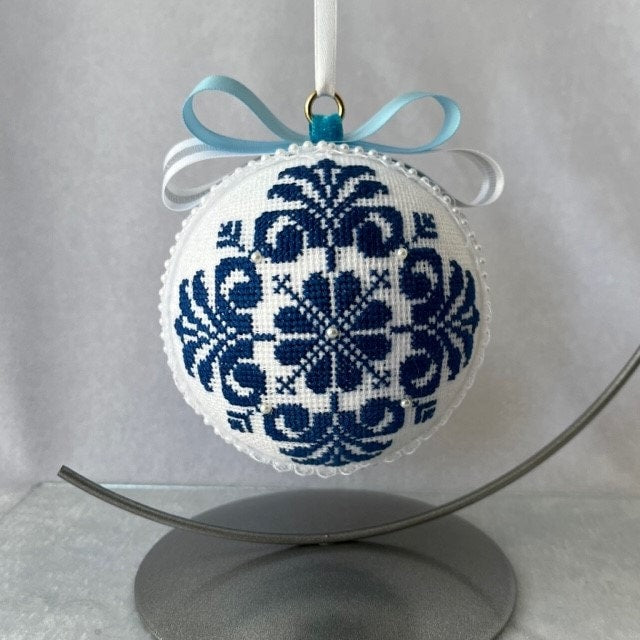 9.7 cm Blue Christmas Hanging Ball Ornament with Cross Stitch design | Gift-Emporium