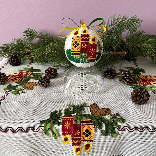 Handmade embroidered ornament with three candles, perfect for holiday decor | Gift-Emporium