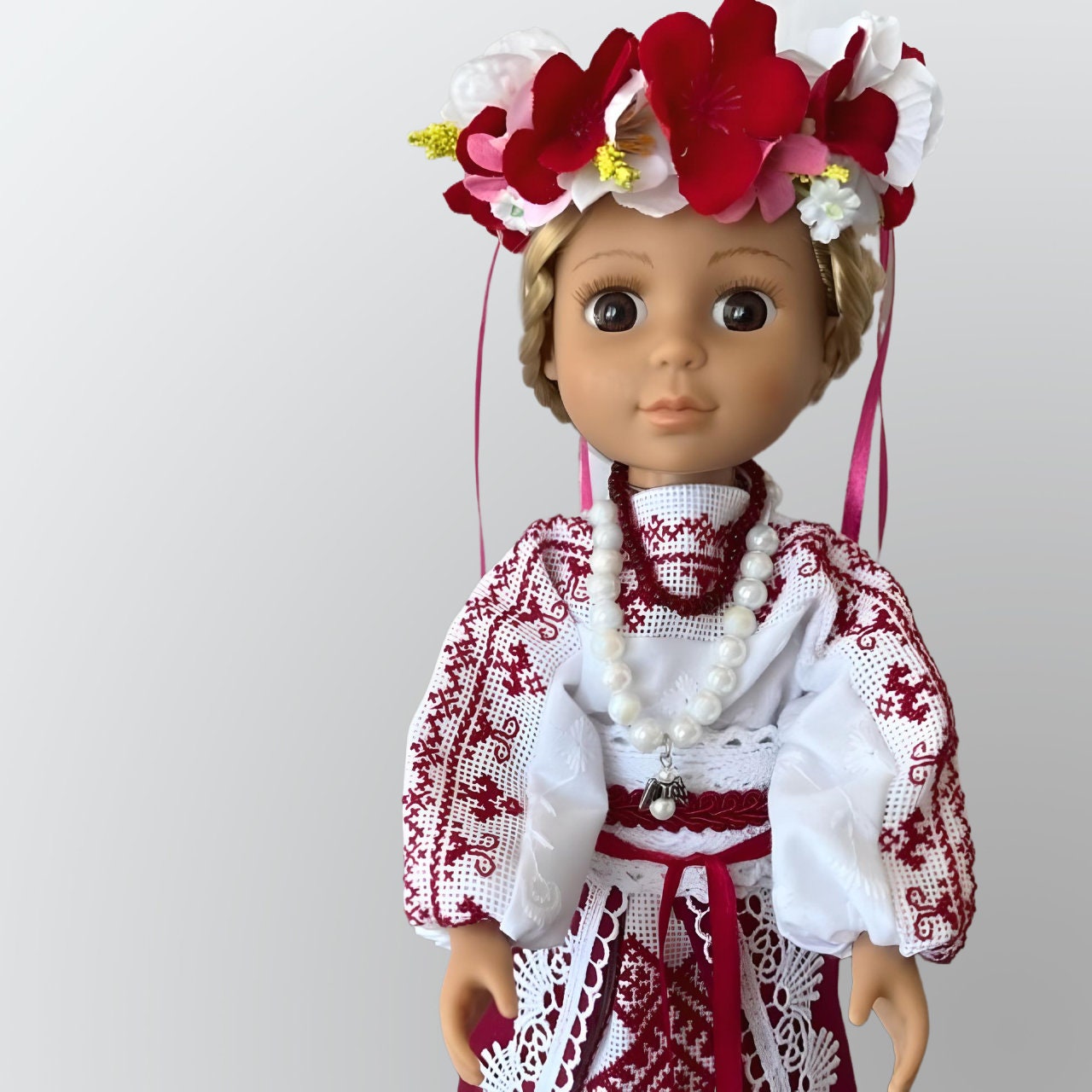 Ukrainian cross-stitch doll with detailed red and white embroidery | Gift-Emporium