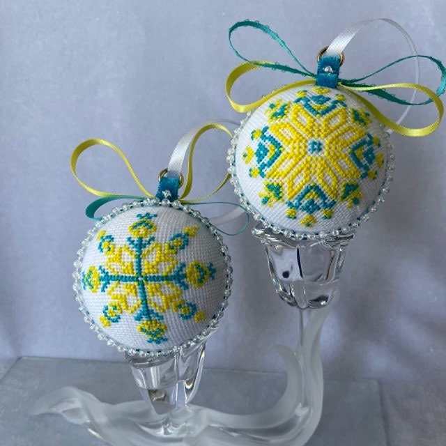 Unique hand-made blue and yellow ornaments for festive home décor | Gift-Emporium