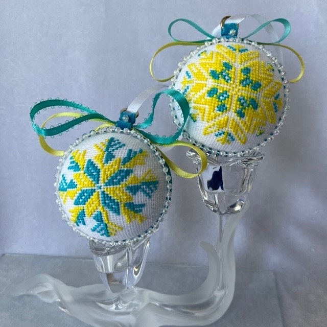 Elegant blue and yellow cross-stitched Christmas ornaments for seasonal decoration | Gift-Emporium