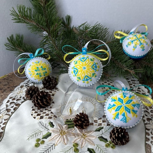 Handcrafted Christmas ornament set, blue and yellow embroidery, 7.2 cm each | Gift-Emporium