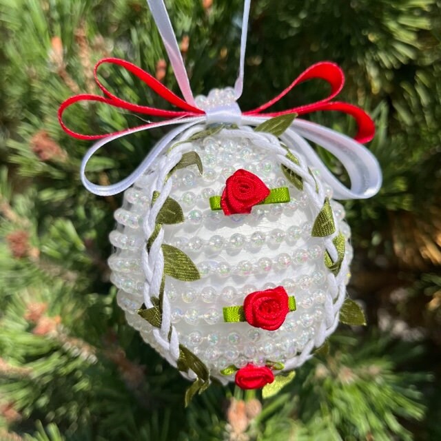 Four 3D Christmas ornaments with intricate beaded flowers in bright holiday colors | Gift-Emporium