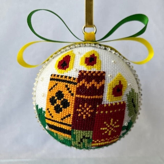 Hand-embroidered Christmas ornament featuring three candles and festive design | Gift-Emporium