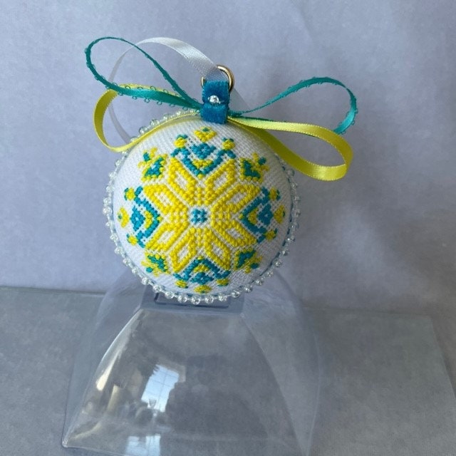 Set of 4 hand-made blue and yellow cross-stitch Christmas ornaments for holiday décor | Gift-Emporium