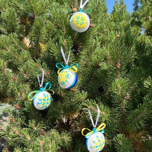 Charming blue and yellow hand-made Christmas ornaments, ideal for festive décor | Gift-Emporium