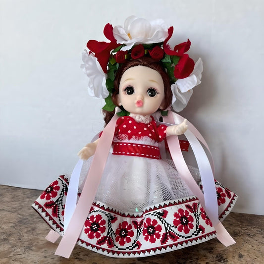 Handcrafted Ukrainian doll in a red and white dress with a traditional flower wreath | Gift-Emporium