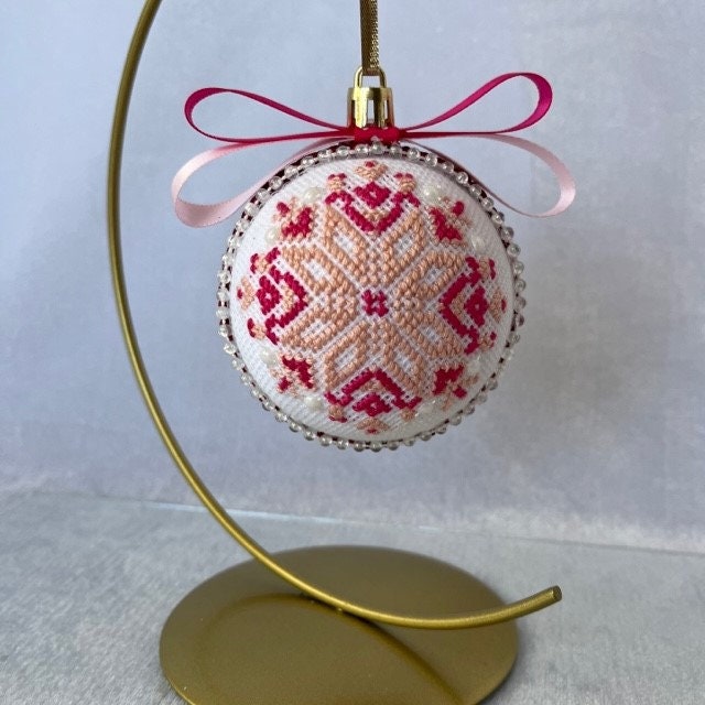 Cross-stitch embroidered Christmas ornaments in pink and magenta | Gift-Emporium