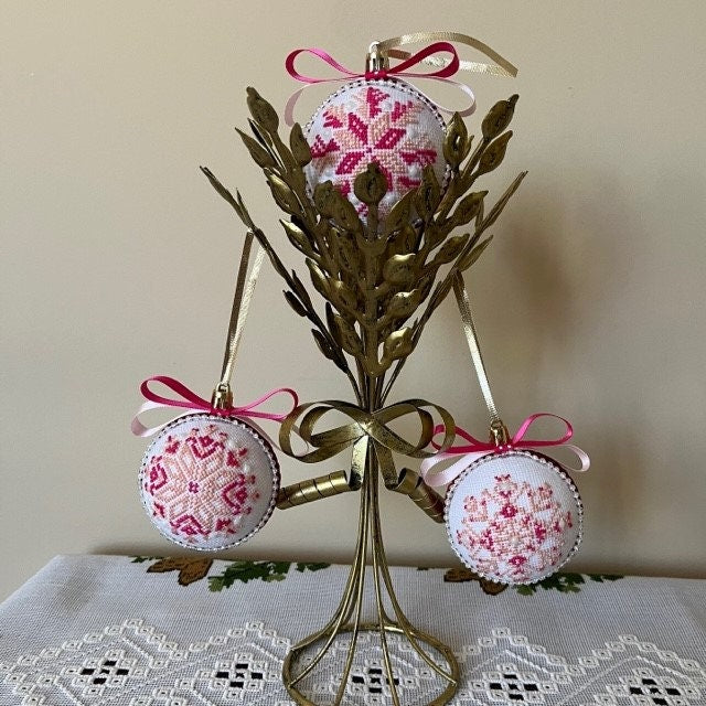 Holiday season decor – hand-embroidered pink Christmas balls | Gift-Emporium