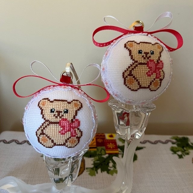 Cross Stitch Teddy Bear Ornament for Christmas - Customizable in Blue for Boys | Gift-Emporium