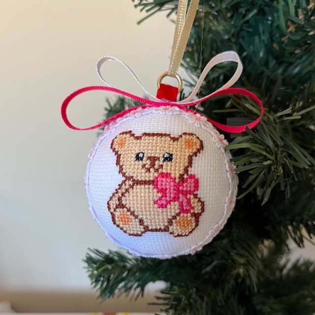 Handmade Cross Stitch Christmas Decoration - Teddy Bear in Beige and Pink | Gift-Emporium