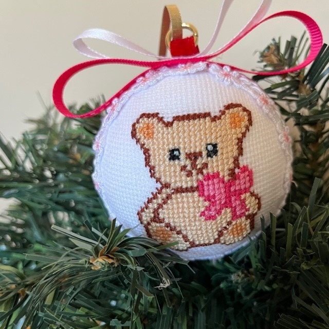Cozy Beige Teddy Bear Christmas Ornament with Pink Embroidery | Gift-Emporium
