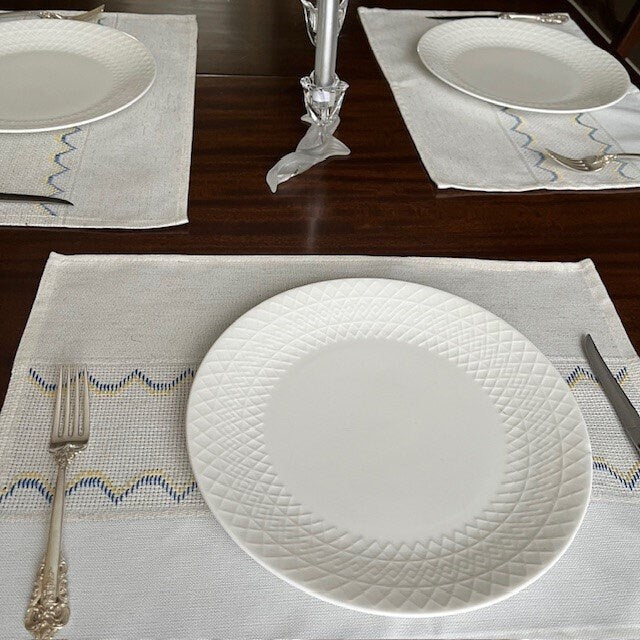 Handmade cloth linen placemats in blue and yellow, perfect for rustic table settings | Gift-Emporium