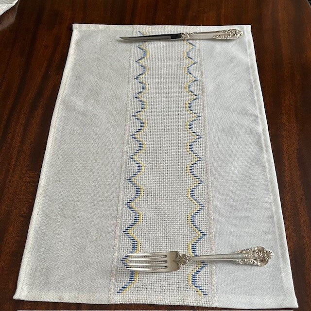 Blue and yellow linen fabric placemats with hand embroidery, set of 6, country decor | Gift-Emporium
