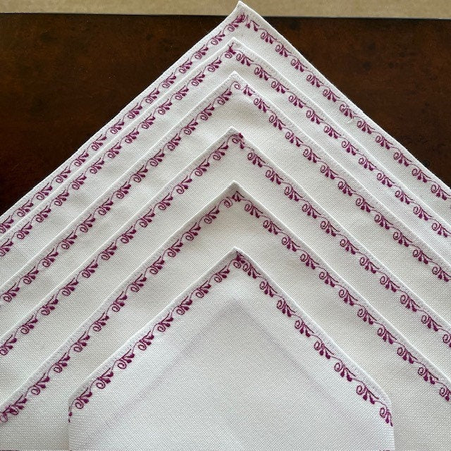 6-piece white linen napkin set with magenta thread design | Gift-Emporium