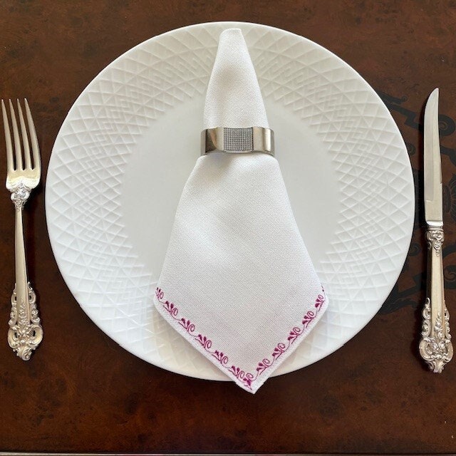 White Linen Napkin Set with Magenta Embroidery-6 Pieces | Gift-Emporium