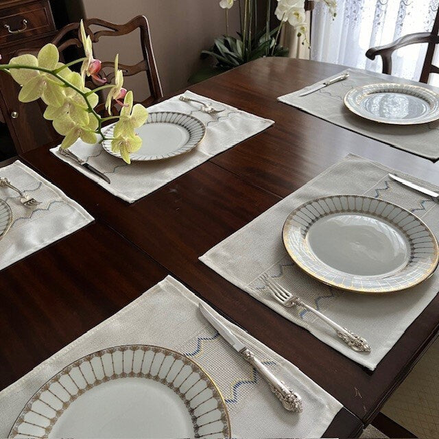Blue and yellow country placemats set, hand-embroidered fabric, rectangular table setting | Gift-Emporium