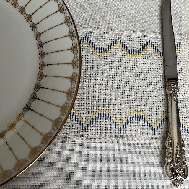 Hand-embroidered blue and yellow cloth placemats, set of 6 for farmhouse dining decor | Gift-Emporium