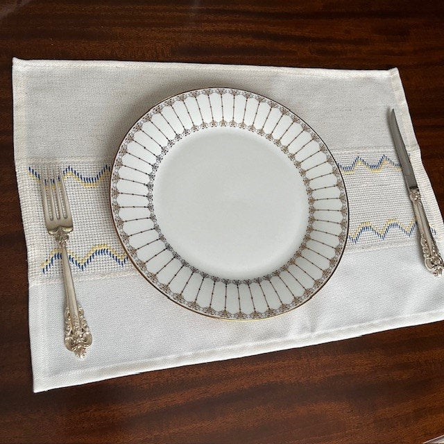 Country table decor placemats, rectangular, blue and yellow linen, perfect for Mother's gift | Gift-Emporium