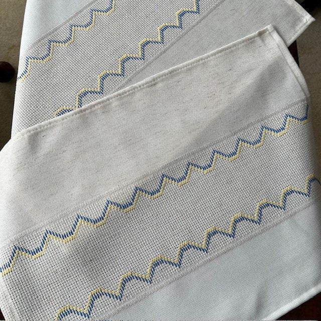 Linen-style hand-embroidered cloth placemats, blue and yellow set of 6, rustic dining decor| Gift-Emporium