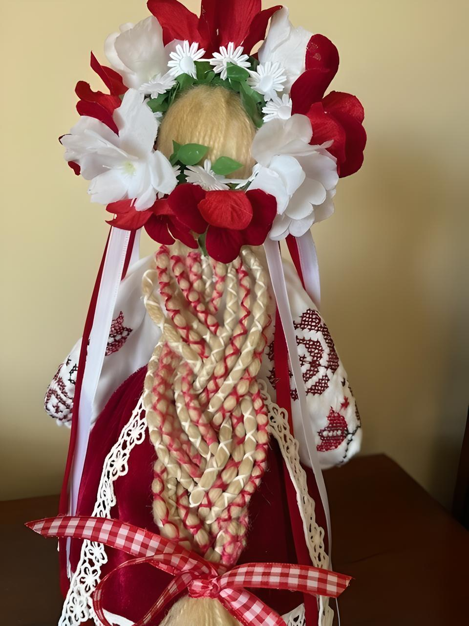 Ukrainian Motanka Doll in Red and White Embroidered Outfit Hand-made From Scratch Red and White Flowers Braided Hear