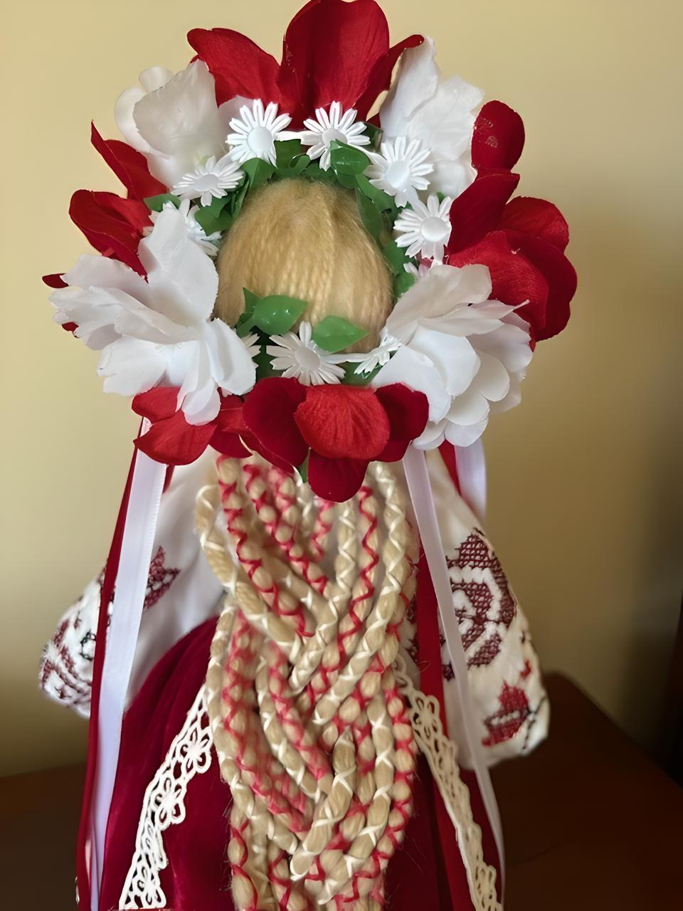 Ukrainian Motanka Doll in Red and White Embroidered Outfit Hand-made From Scratch Red and White Flowers Braided Hear