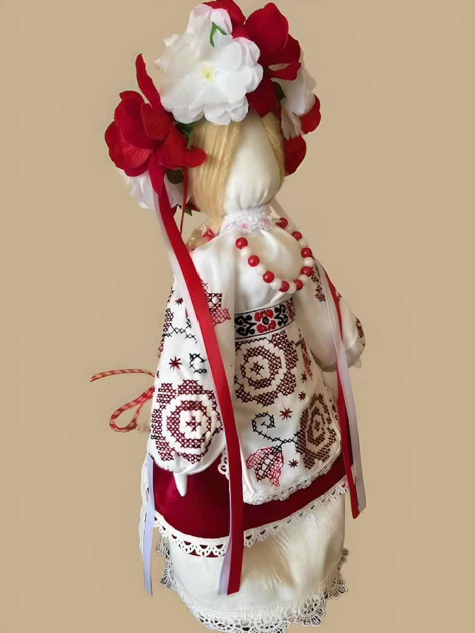 Ukrainian Motanka Doll in Red and White Embroidered Outfit Hand-made From Scratch Red and White Flowers Braided Hear
