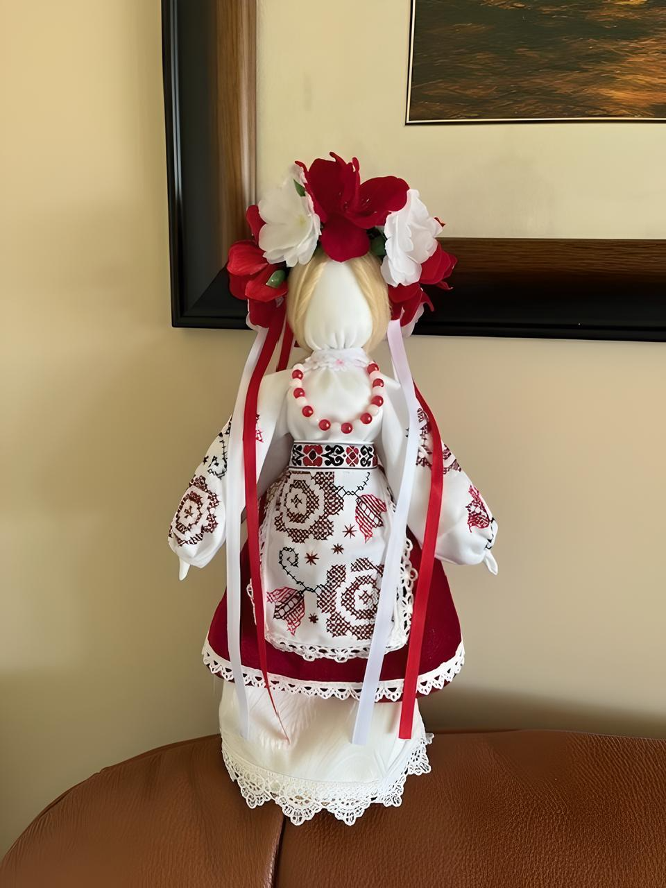 Ukrainian Motanka Doll in Red and White Embroidered Outfit Hand-made From Scratch Red and White Flowers Braided Hear