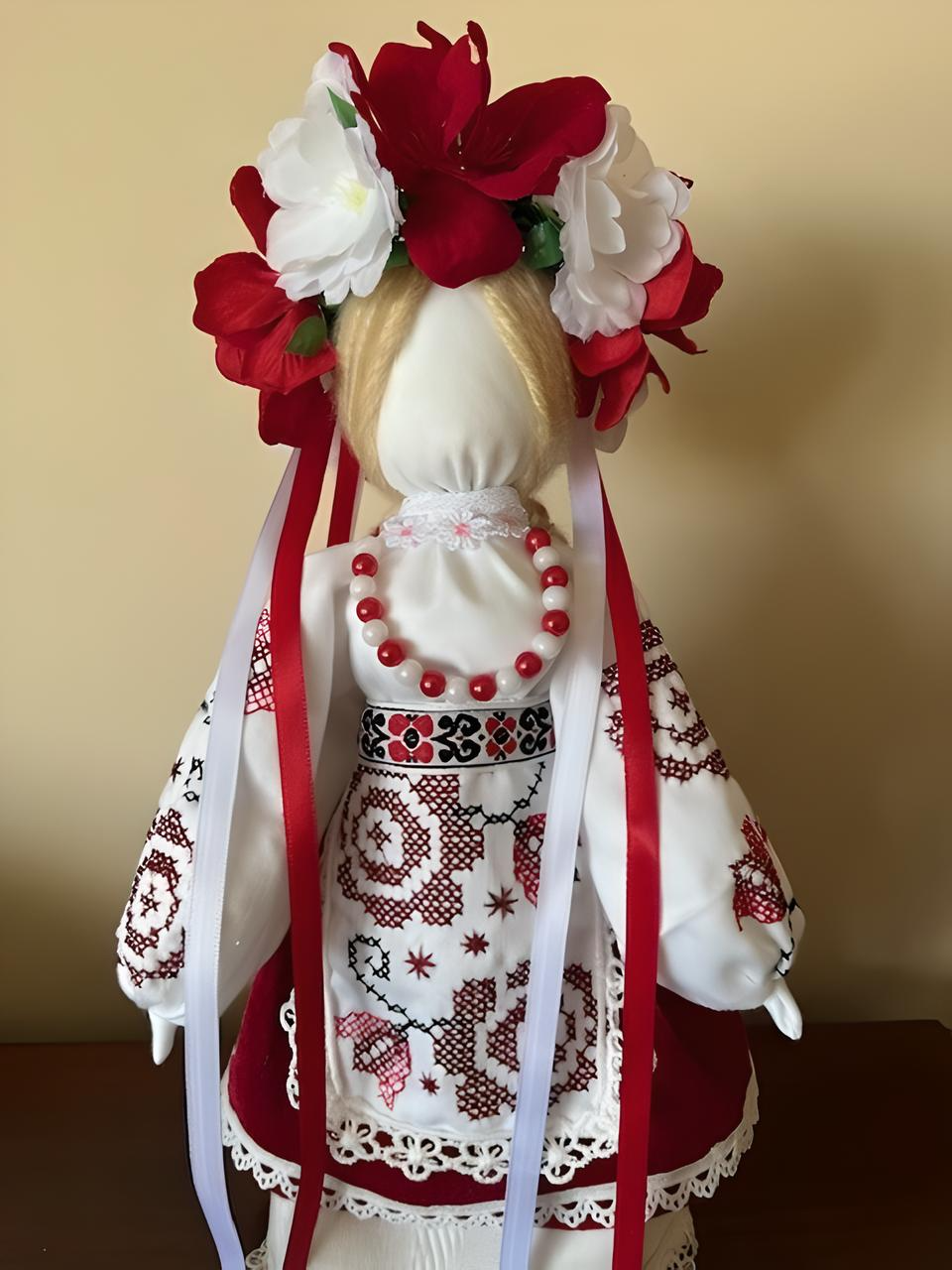 Ukrainian Motanka Doll in Red and White Embroidered Outfit Hand-made From Scratch Red and White Flowers Braided Hear