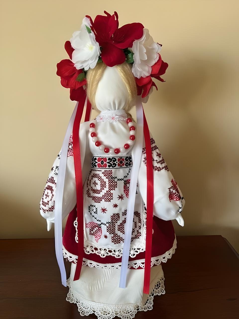Ukrainian Motanka Doll in Red and White Embroidered Outfit Hand-made From Scratch Red and White Flowers Braided Hear