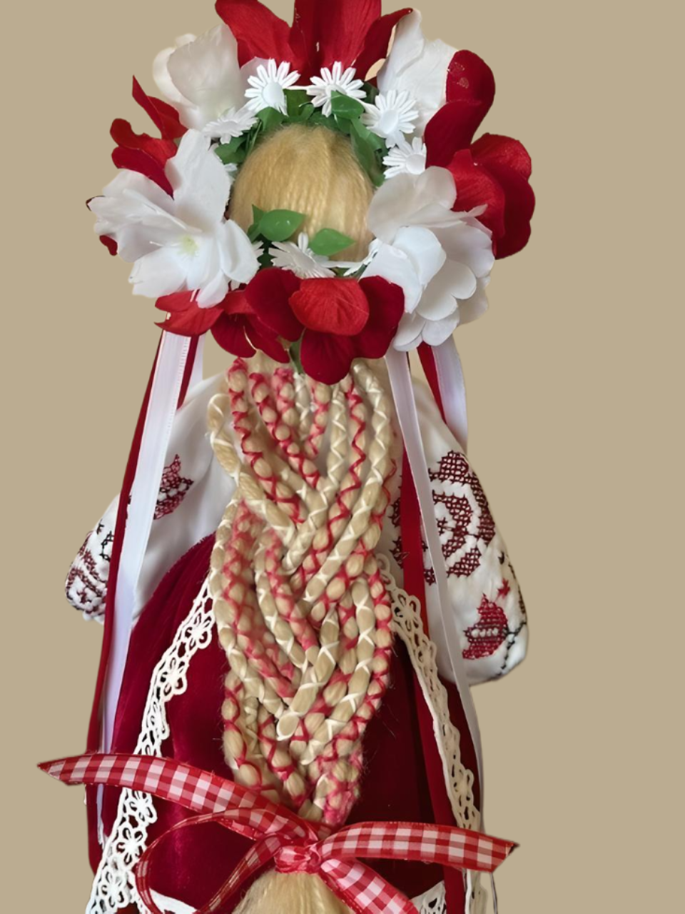 Ukrainian Motanka Doll in Red and White Embroidered Outfit Hand-made From Scratch Red and White Flowers Braided Hear