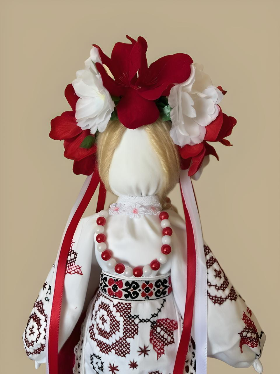Ukrainian Motanka Doll in Red and White Embroidered Outfit Hand-made From Scratch Red and White Flowers Braided Hear