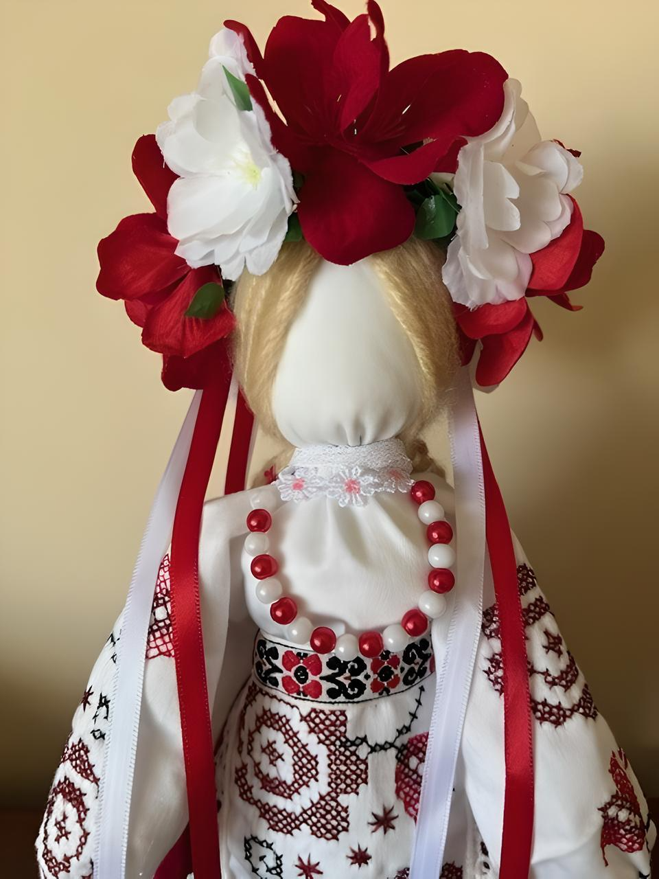 Ukrainian Motanka Doll in Red and White Embroidered Outfit Hand-made From Scratch Red and White Flowers Braided Hear
