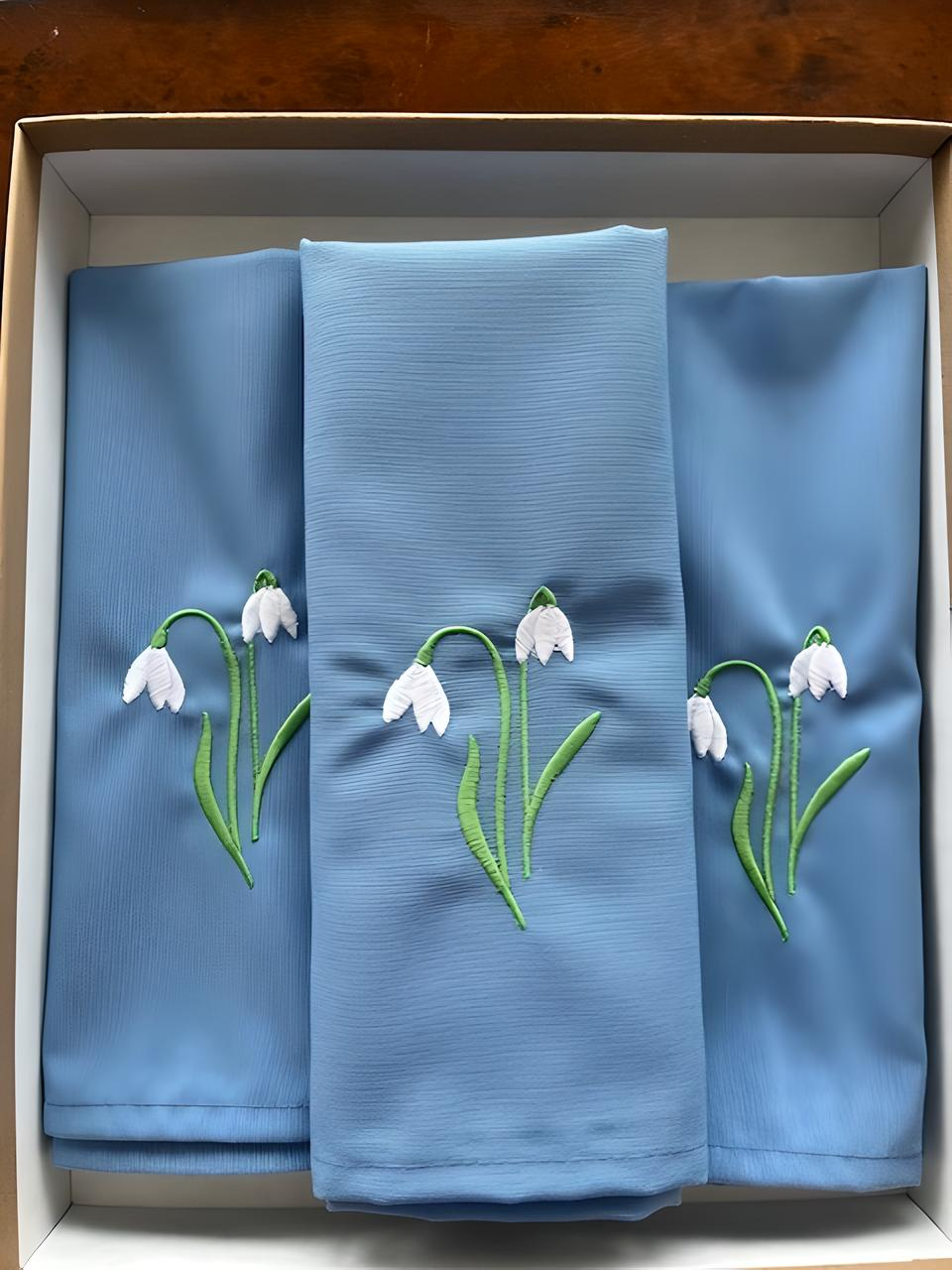 Blue Polyester Napkins with Snowdrops Design Gift Happy Family Dining