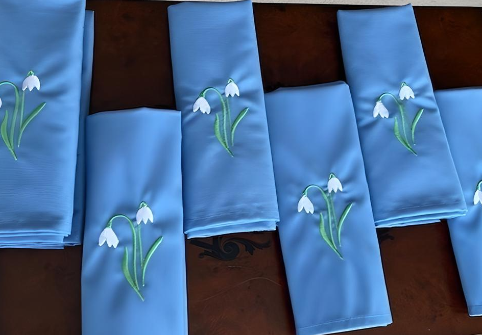 Blue Polyester Napkins with Snowdrops Design Gift Happy Family Dining