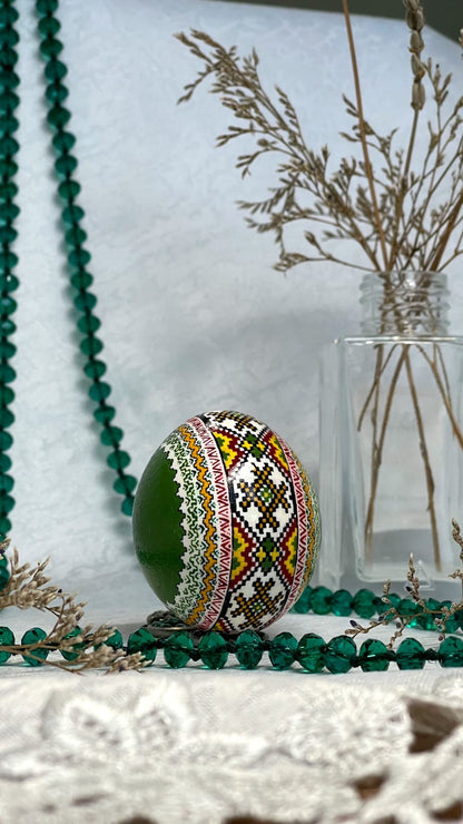 Hand-Crafted Easter Egg Pysanka Green Chicken Egg Shell