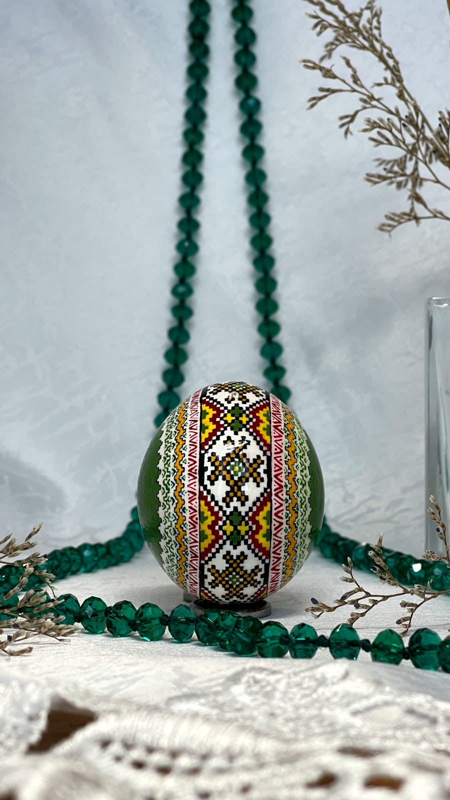 Hand-Crafted Easter Egg Pysanka Green Chicken Egg Shell