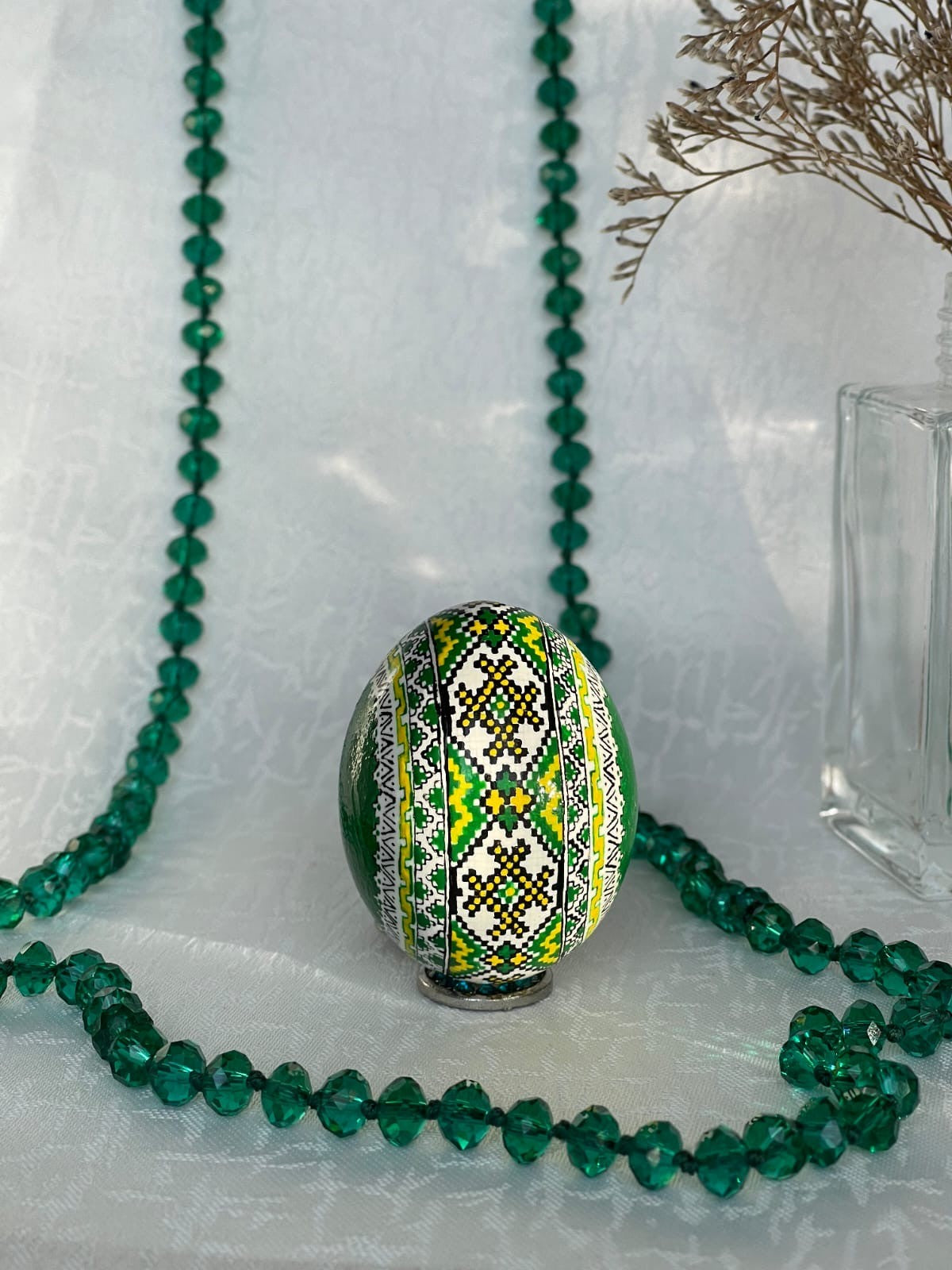 Hand-Crafted Easter Egg Pysanka Green Chicken Egg Shell