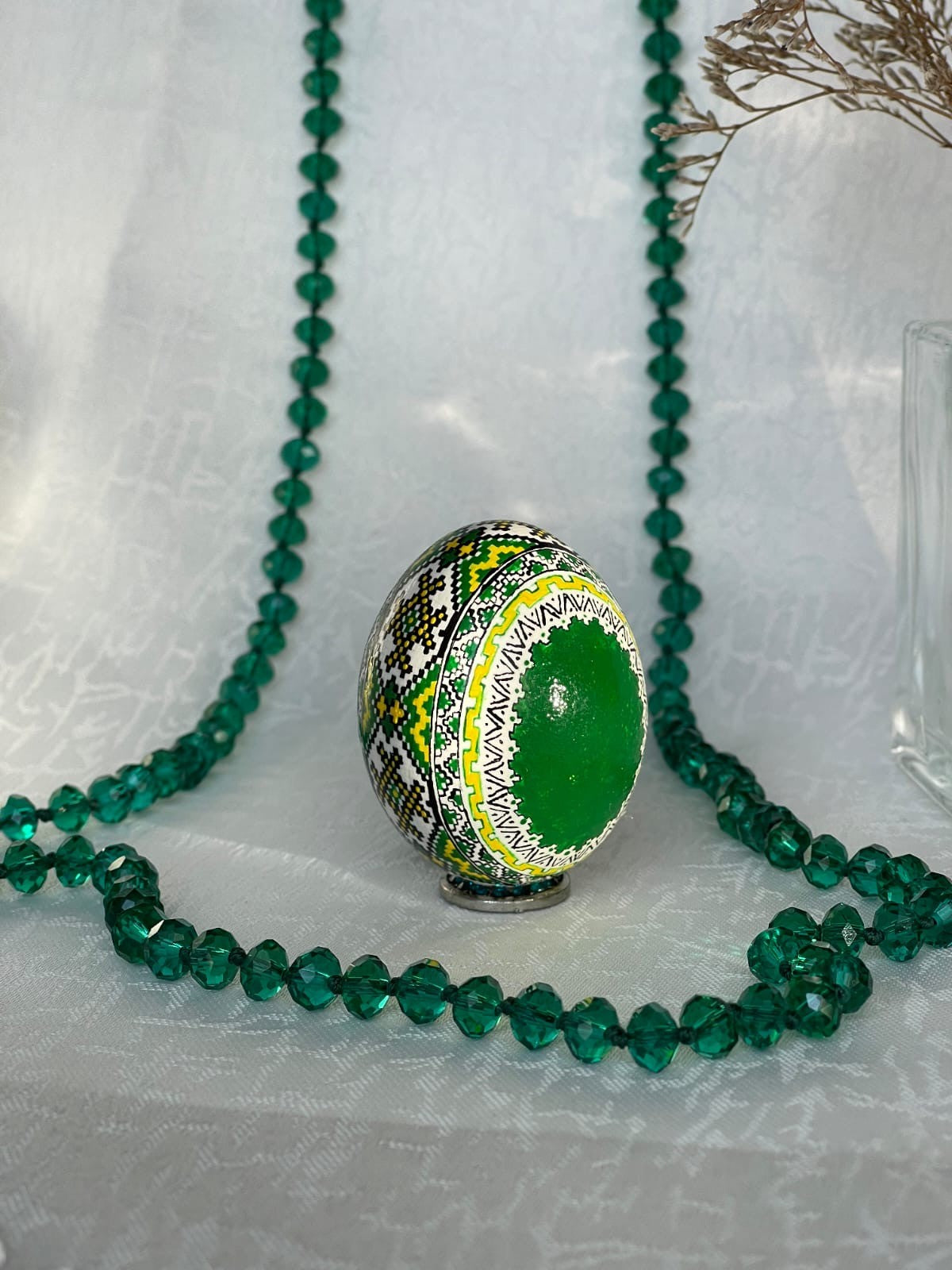 Hand-Crafted Easter Egg Pysanka Green Chicken Egg Shell