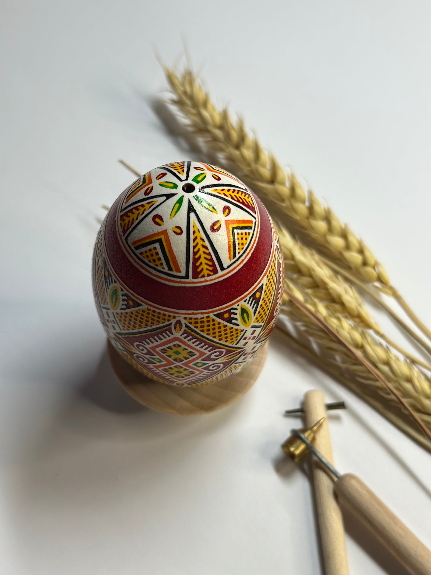 Hand-Painted Ukrainian Easter Egg Pysanka in Bright Red Gold Colors