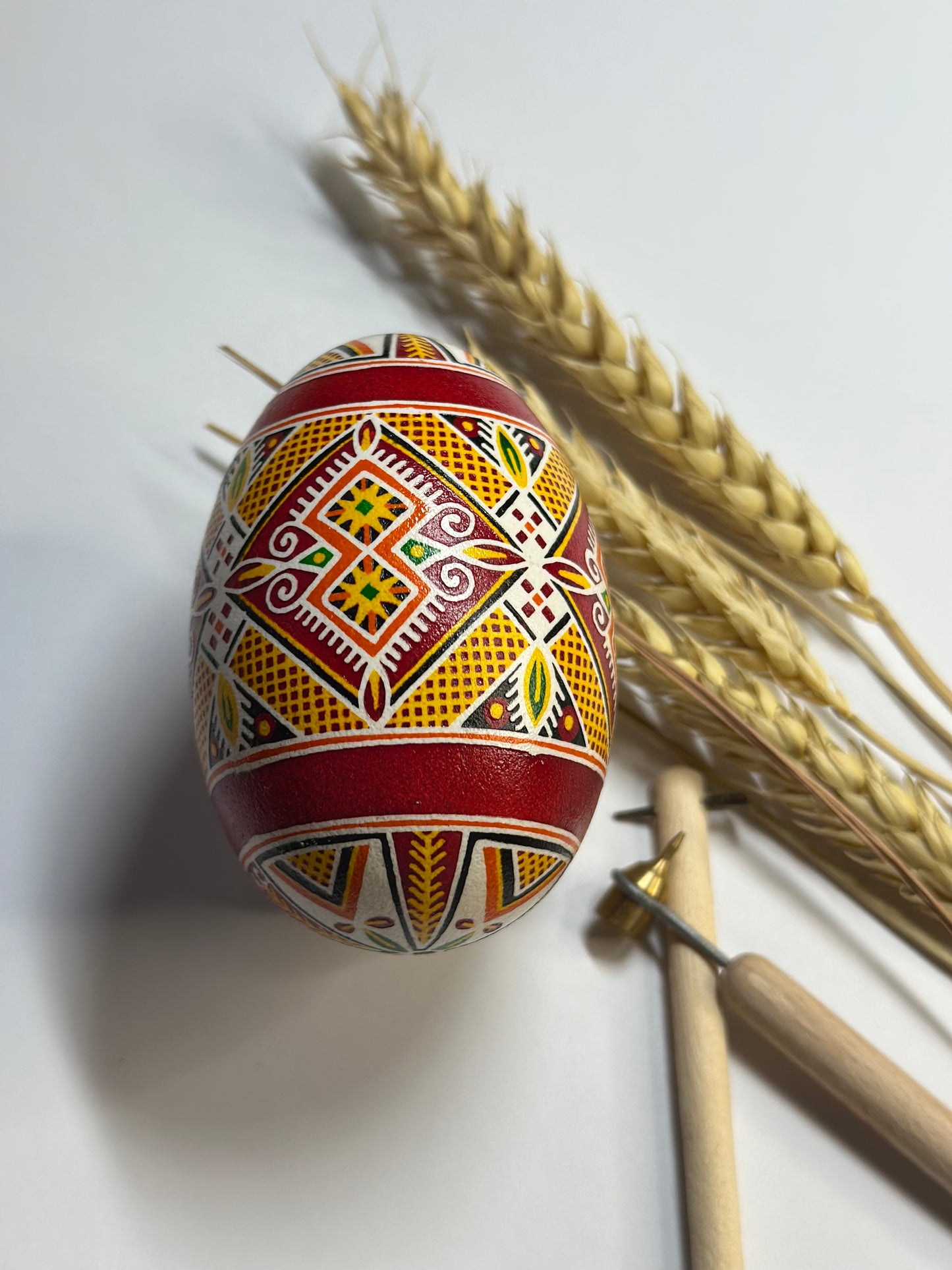 Hand-Painted Ukrainian Easter Egg Pysanka in Bright Red Gold Colors