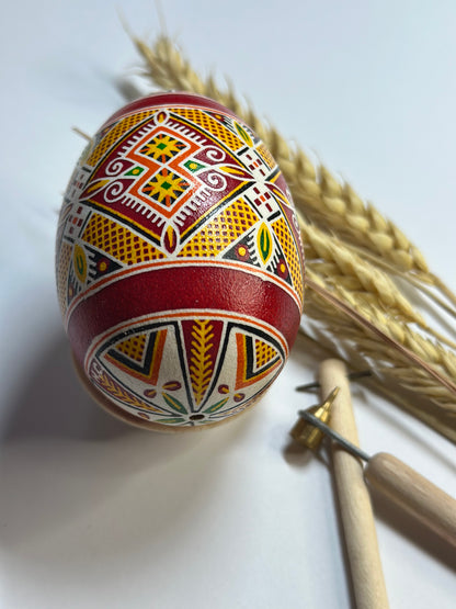 Hand-Painted Ukrainian Easter Egg Pysanka in Bright Red Gold Colors